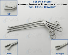 Set of 3 Cushing Pituitary Rongeur 8" 3x10 mm Cup Up ,Str ,Down Care Instruments